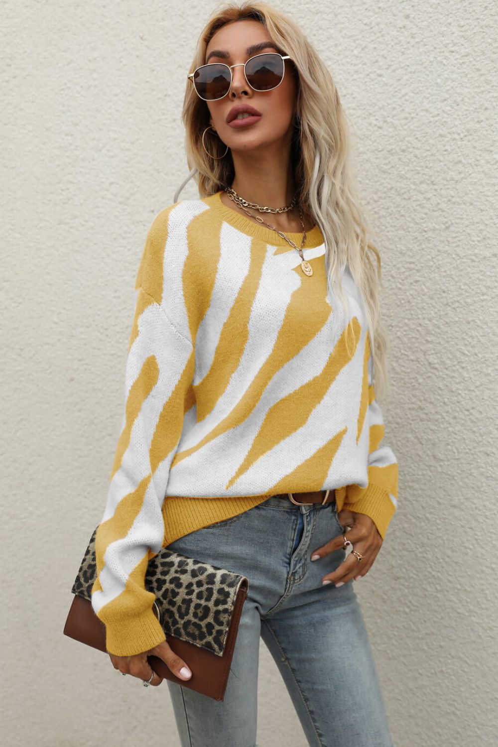 Animal Print Round Neck Dropped Shoulder Sweater