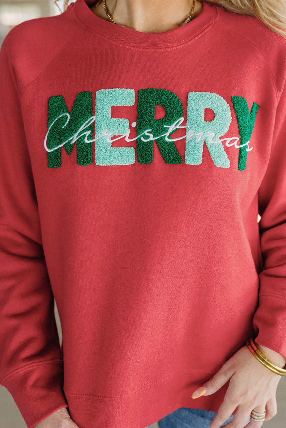 Sweat-shirt graphique à manches raglan en chenille rouge MERRY Christmas