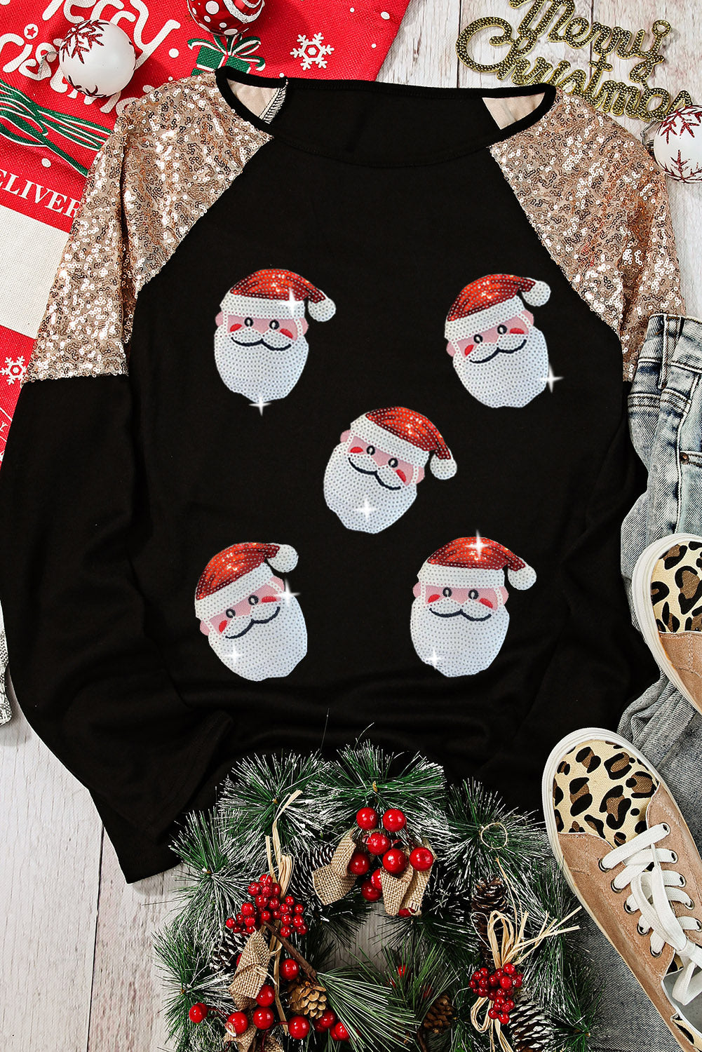 Black Christmas Santa Claus Sequin Patchwork Graphic Tee