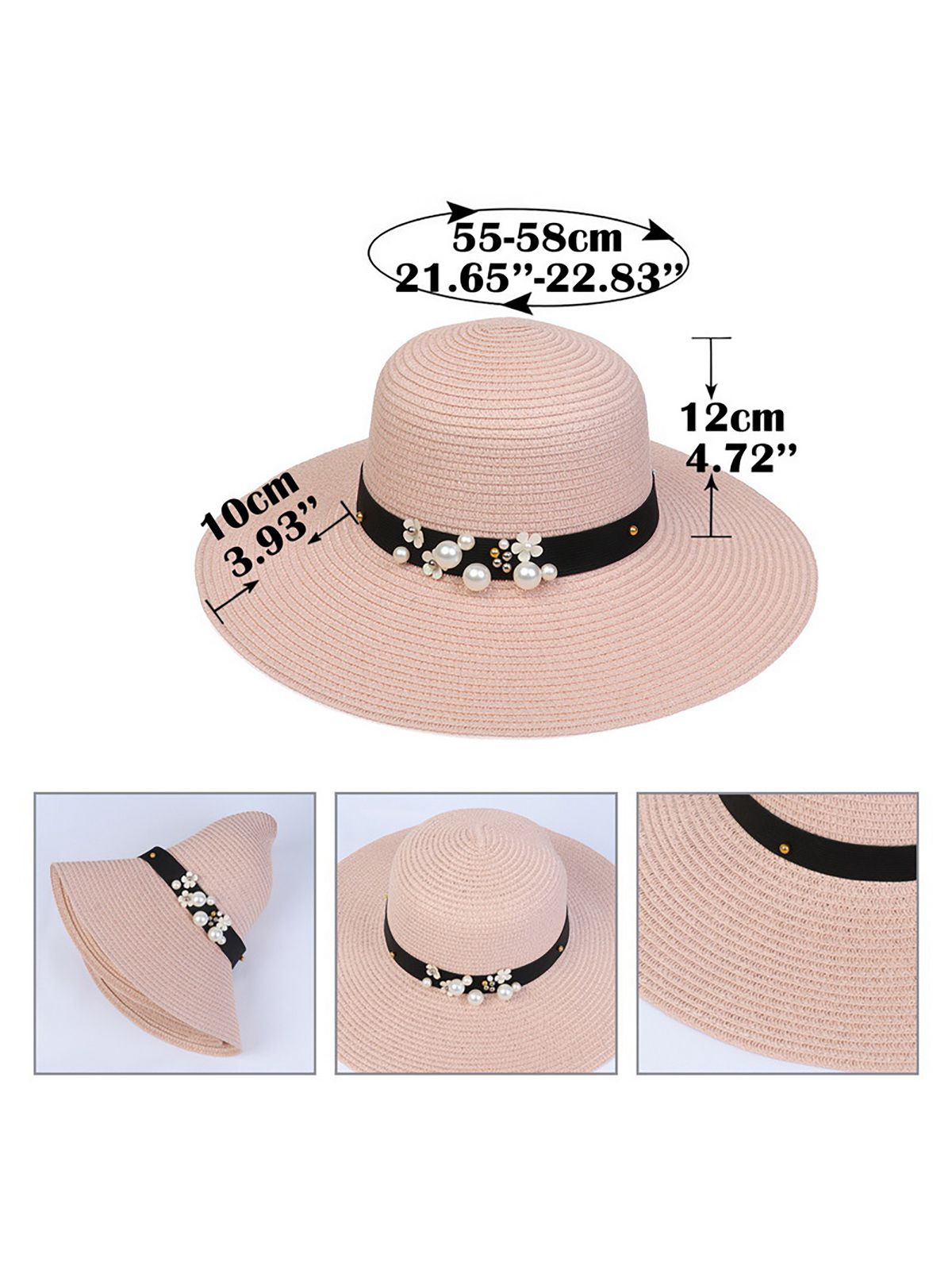 Chapeau de soleil pliable vintage à large bord avec perles 