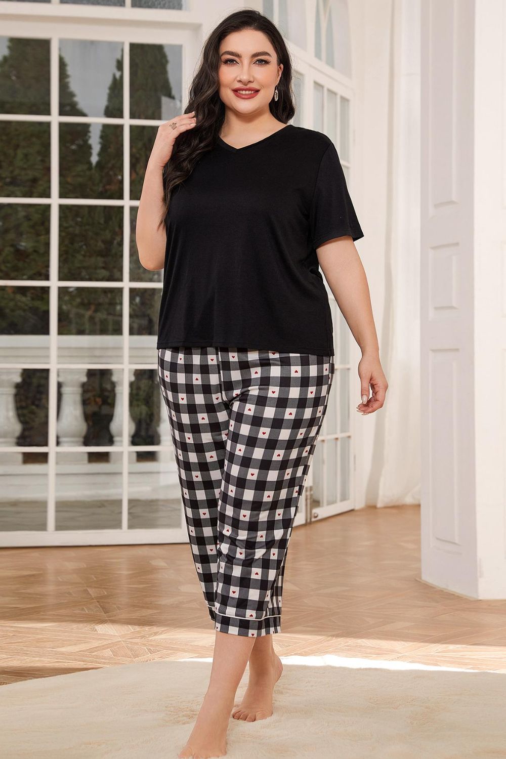 V-Neck Tee Plaid Cropped Pants Lounge Set