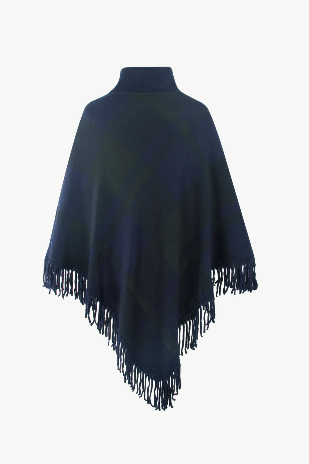 Plaid Fringe Hem Turtleneck Poncho