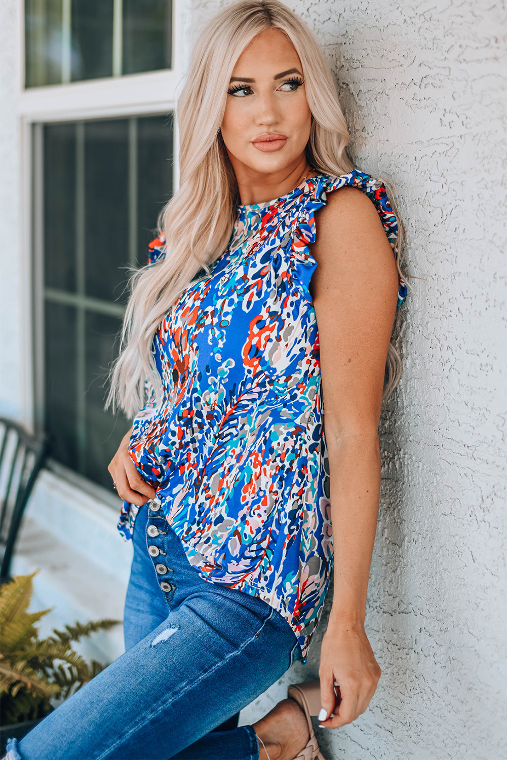 Abstract Print Ruffle Shoulder Top