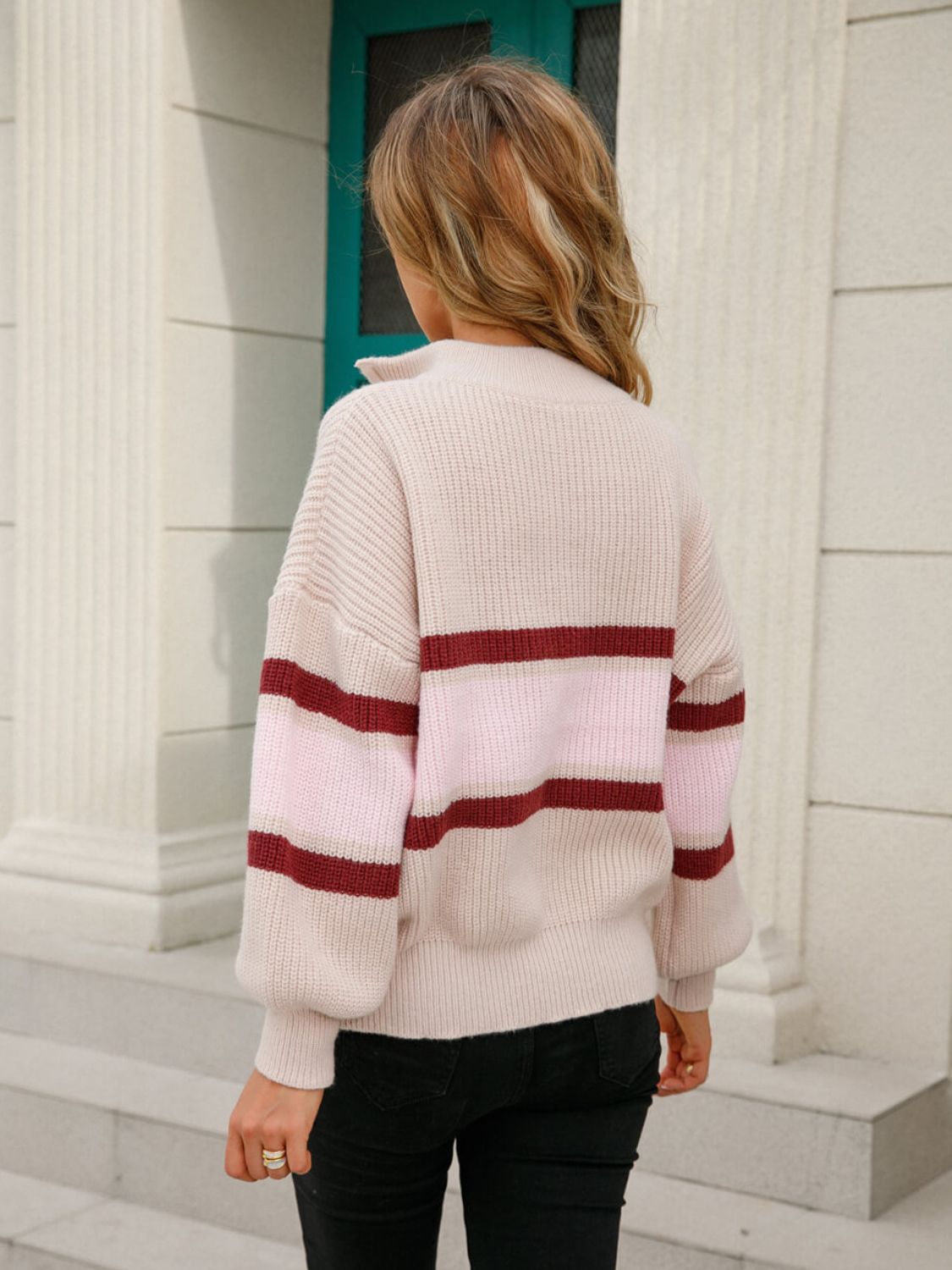 Striped Quarter-Zip Lantern Sleeve Sweater