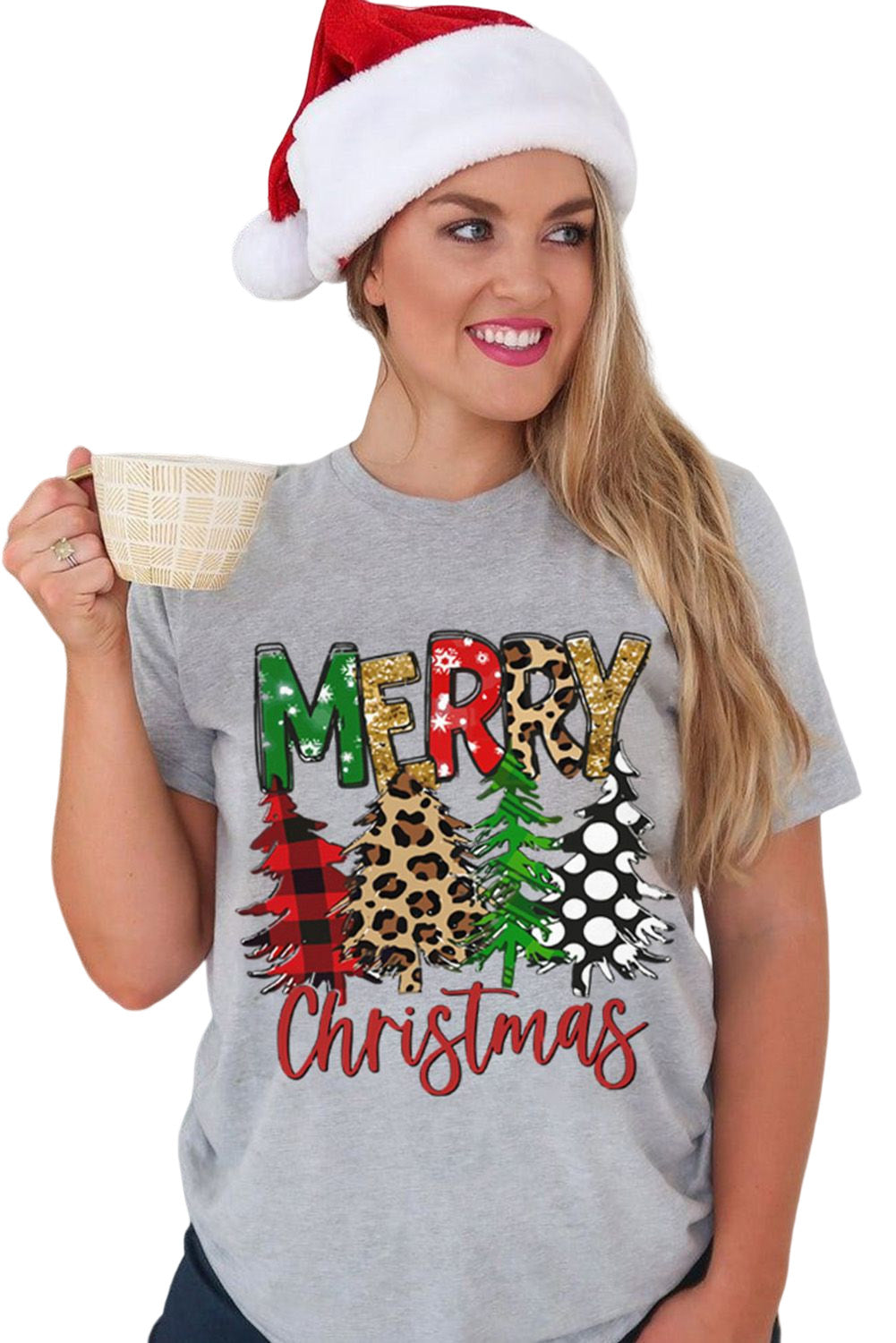 Graues T-Shirt mit Rundhalsausschnitt und Weihnachtsbaum-Print