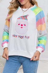 White Sequins Colorblock Sleeve Santa Claus Graphic Sweatshirt