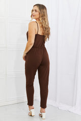 Capella Comfy Casual Full Size Solid Elastic WaistbJumpsuit in Chocolate
