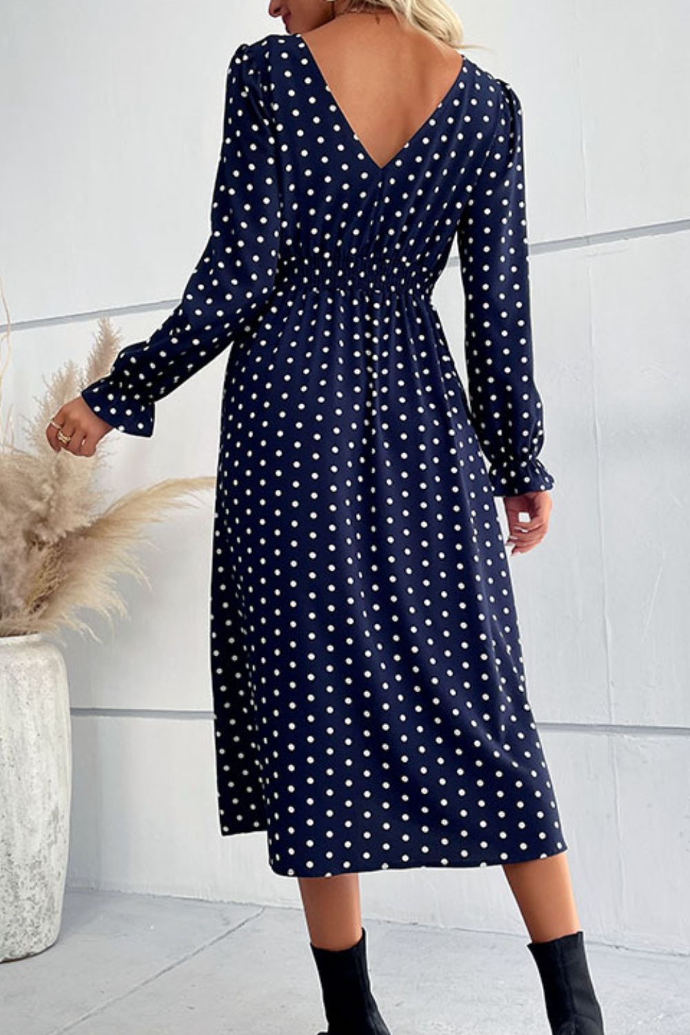 Polka Dot Long Flounce Sleeve Midi Dress