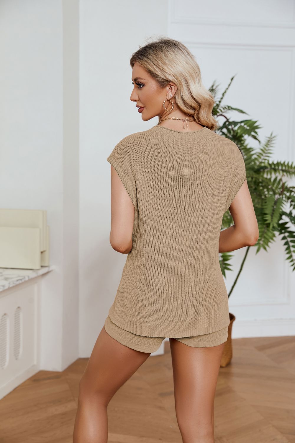 Ribbed Round Neck Pocket Knit Top Shorts Set