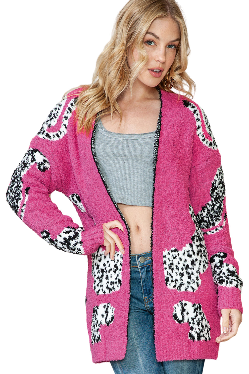 Rosarote Strickjacke mit offener Vorderseite und Animalprint