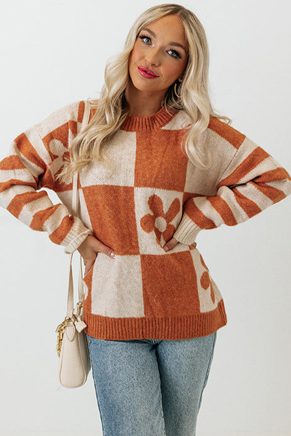 Brown Checkered Striped Knitted Pullover Sweater