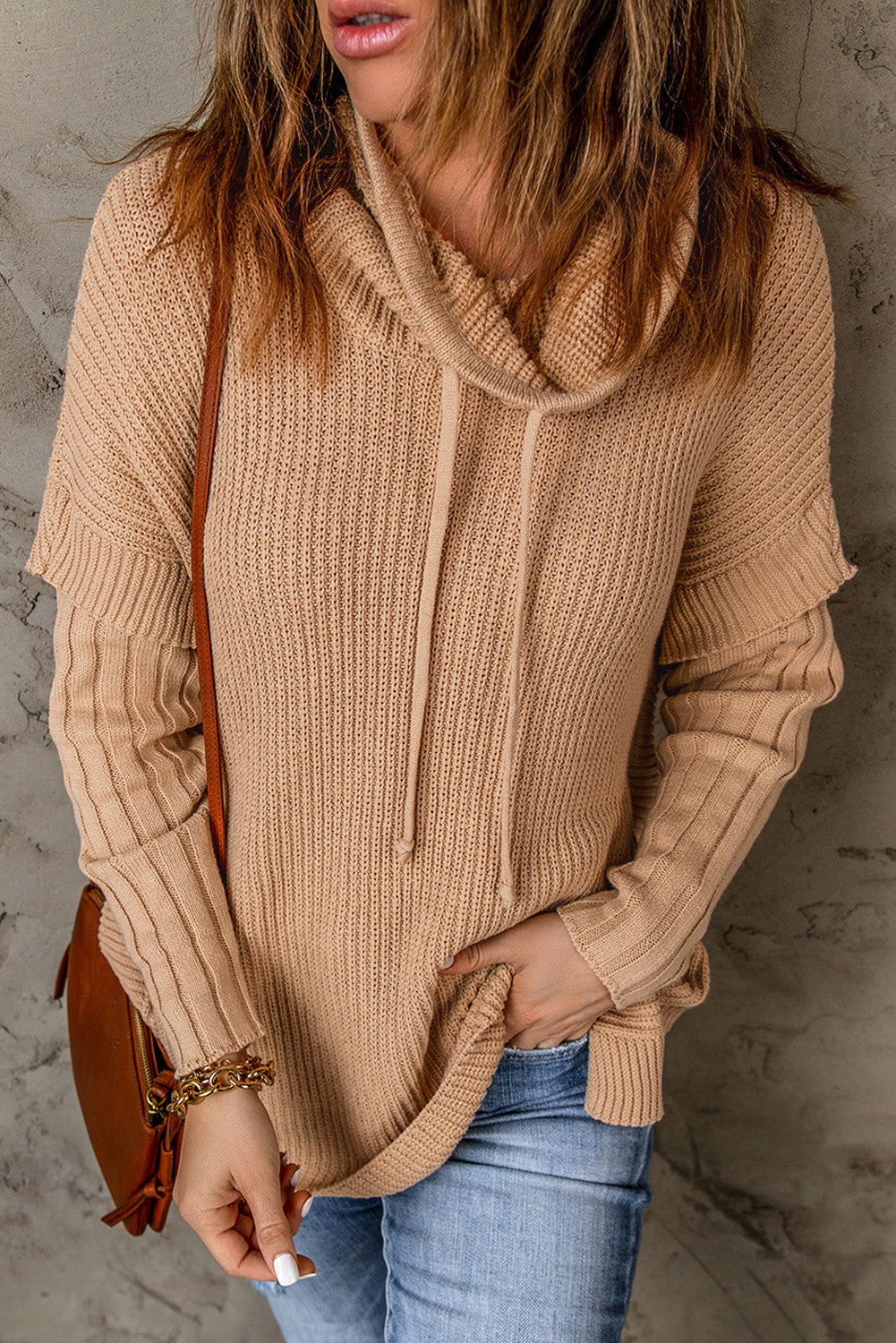 Drawstring Cowl Neck Side Slit Tunic Sweater