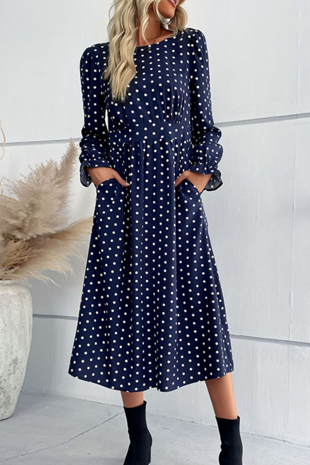 Polka Dot Long Flounce Sleeve Midi Dress