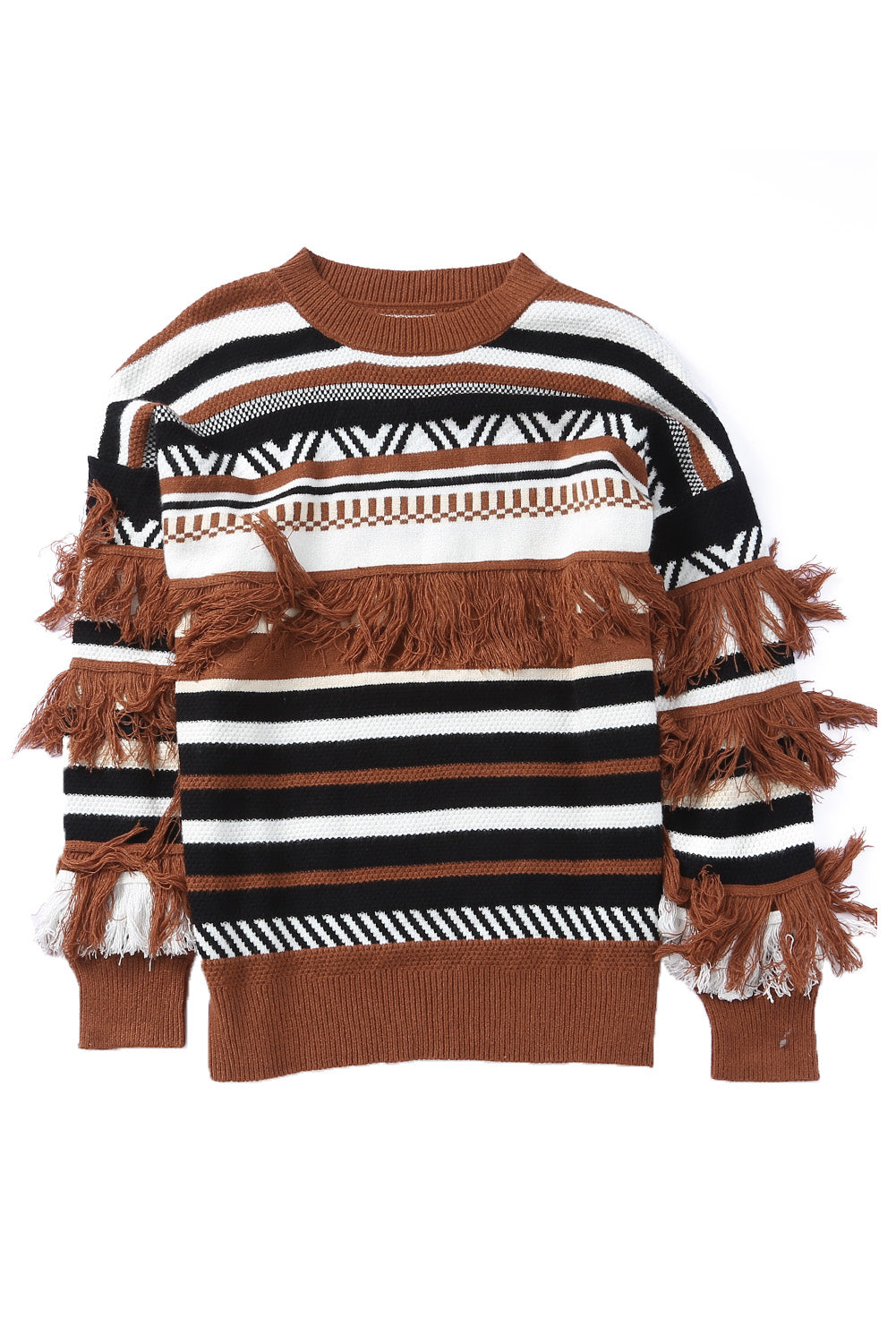 Striped Fringe Trim Round Neck Sweater