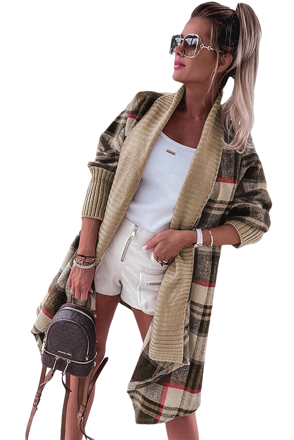 Braune, gerippte Strickjacke mit offenem Schottenmuster und Spleißmuster