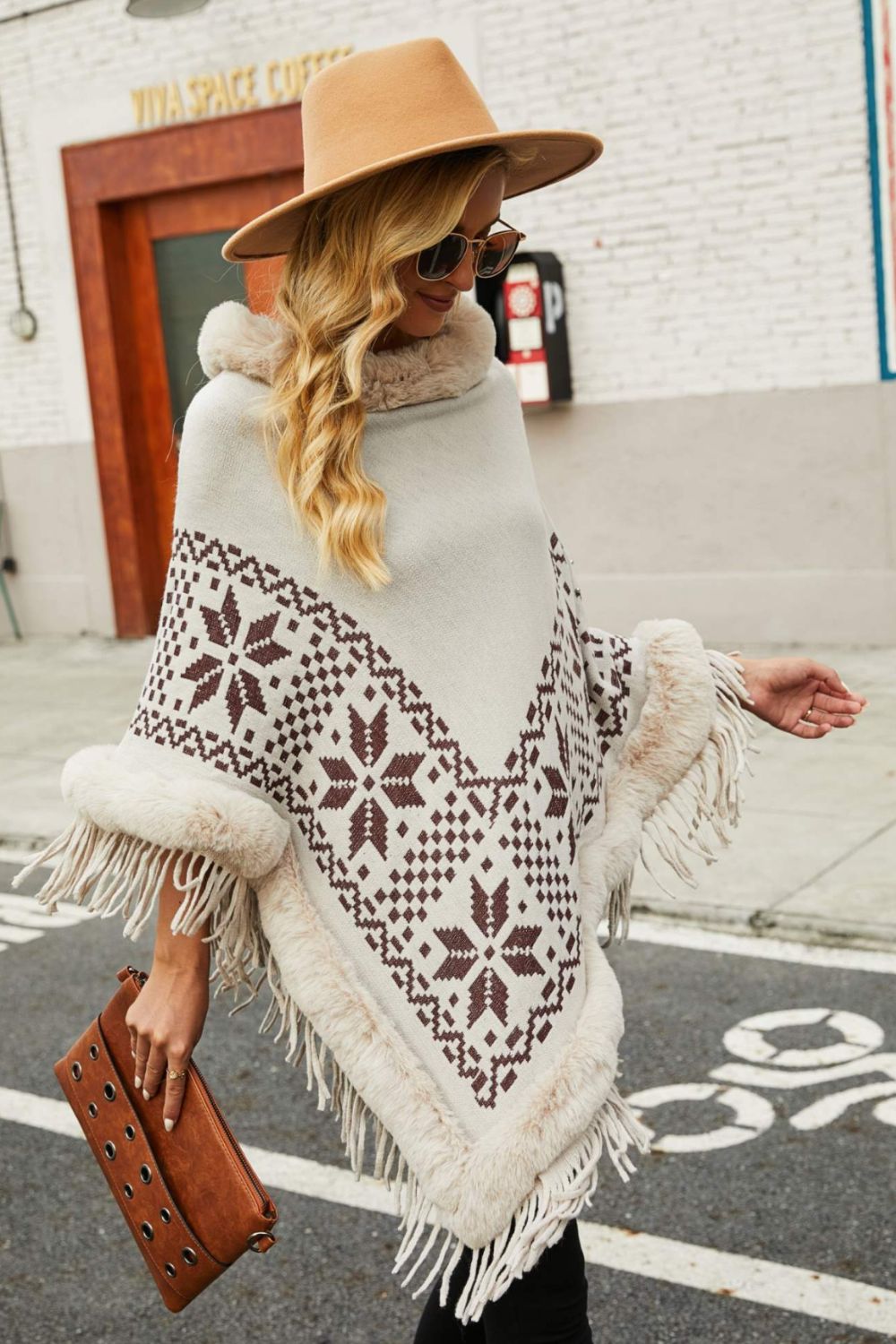 Patterned Faux Fur Trim Fringe Hem Poncho