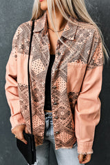 Bedruckte Button-Down-Jacke mit offenem Saum und Taschen