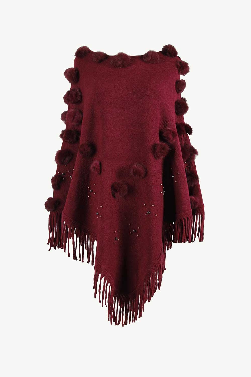 Bead Trim Boat Neck Fringed Poncho