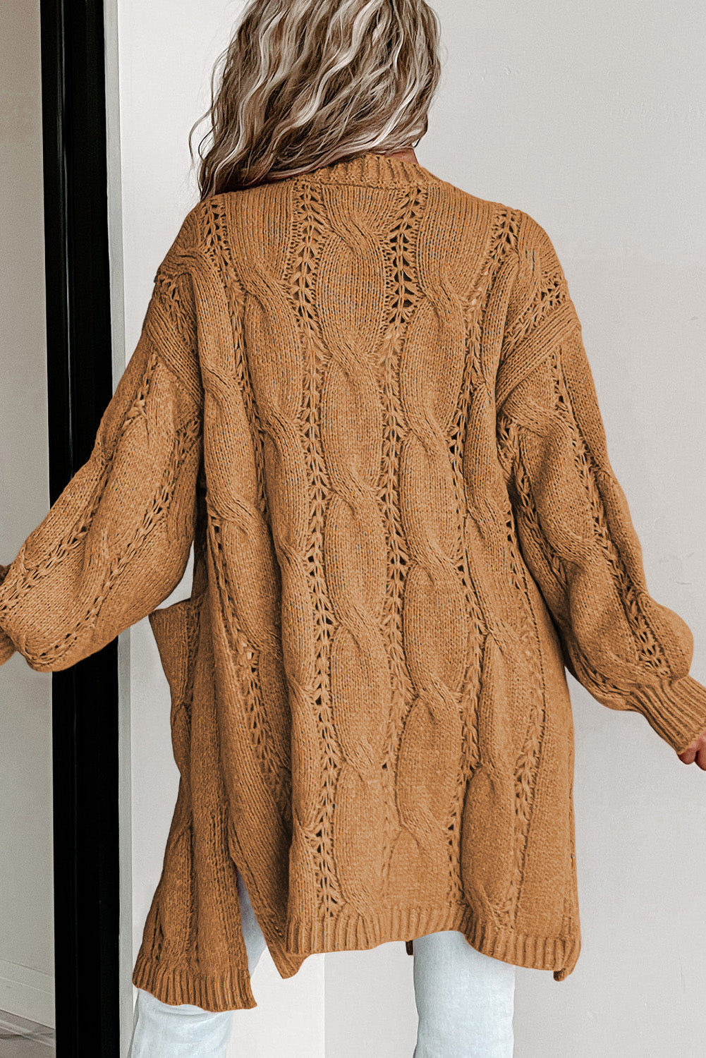 Apricot Ribbed Trim Hollow Knit Side Slits Cardigan