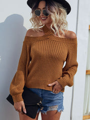 Rib-Knit Halter Neck Lantern Sleeve Sweater