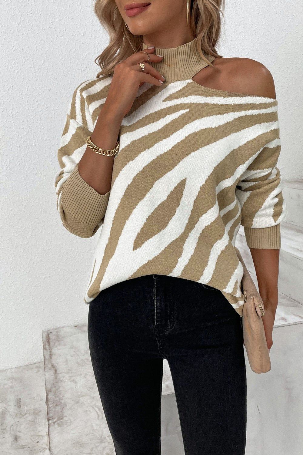 Animal Print Cold-Shoulder Sweater