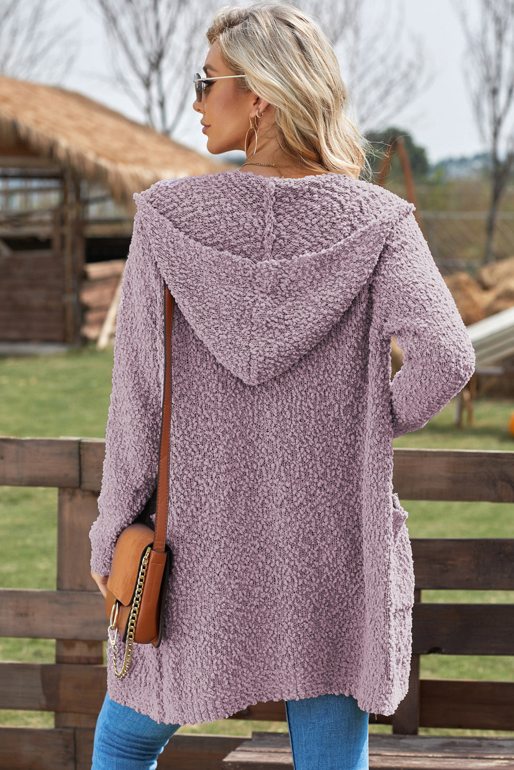 Cardigan à capuche à manches longues en tricot popcorn