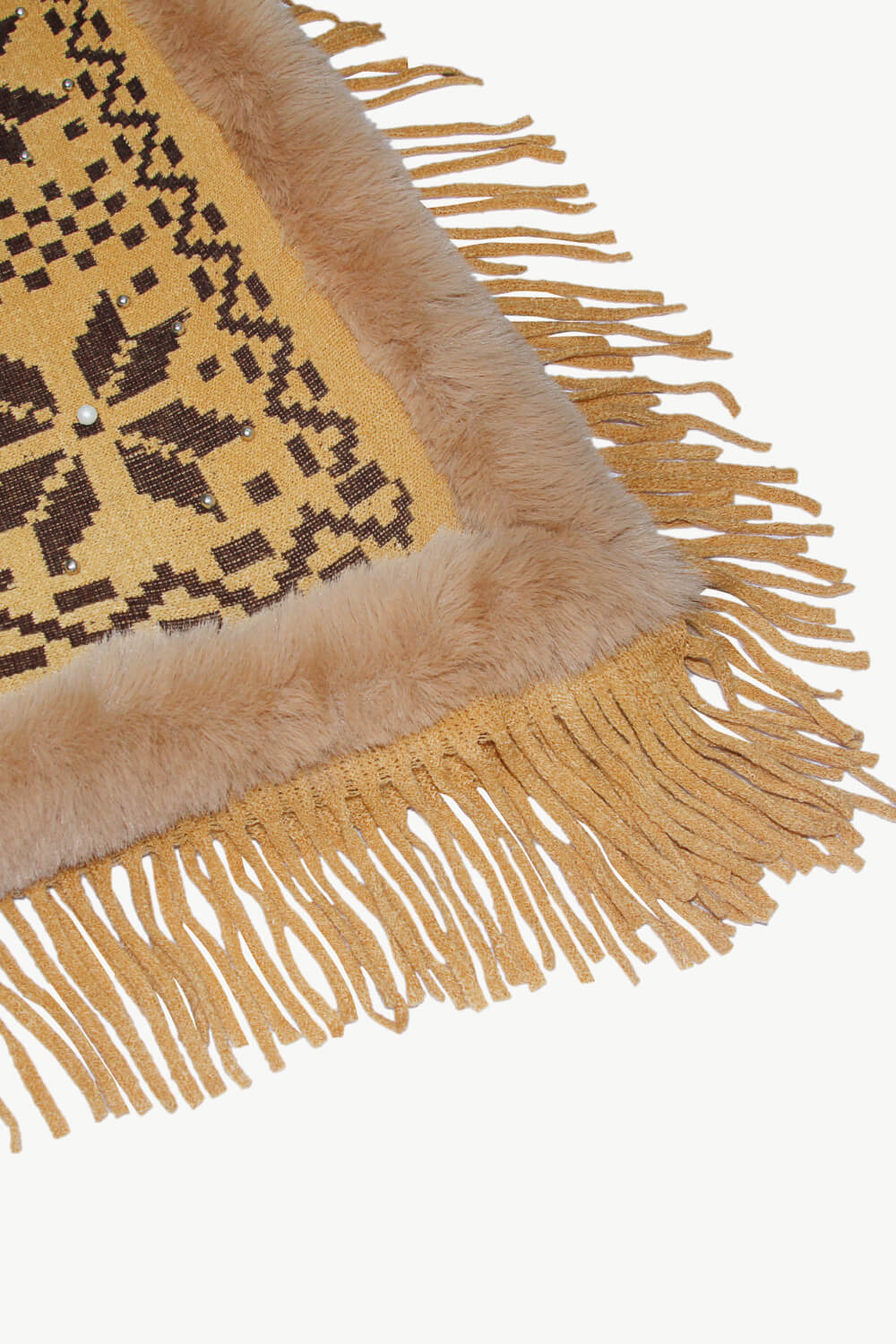 Patterned Faux Fur Trim Fringe Hem Poncho