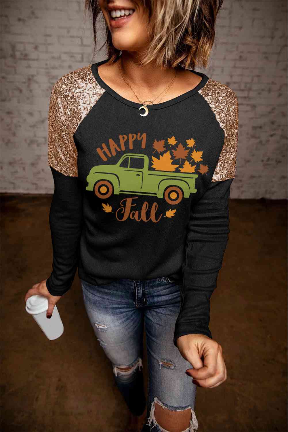 HAPPY FALL T-Shirt mit Grafik und Pailletten