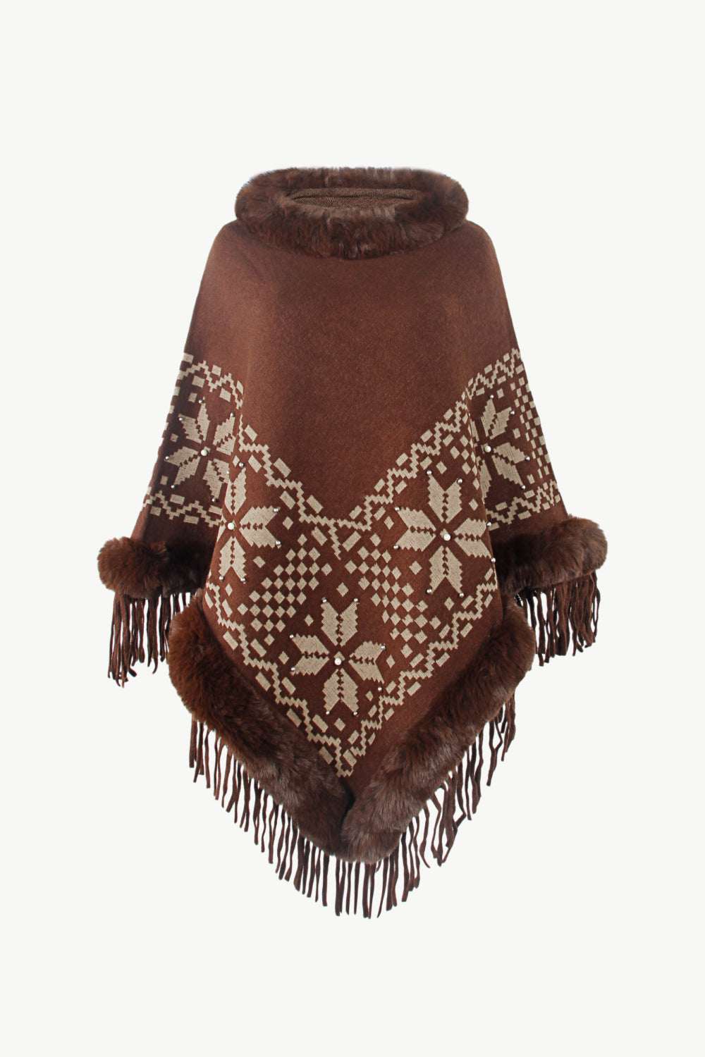 Patterned Faux Fur Trim Fringe Hem Poncho