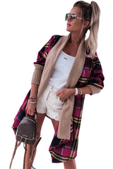 Braune, gerippte Strickjacke mit offenem Schottenmuster und Spleißmuster