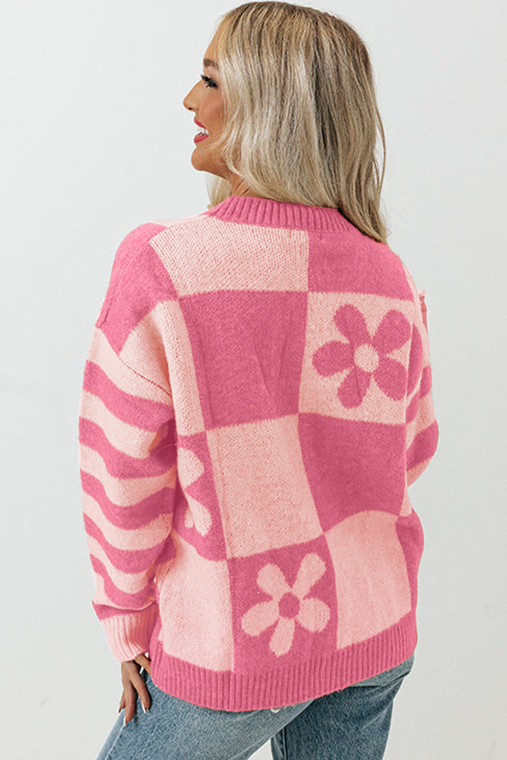 Brown Checkered Striped Knitted Pullover Sweater