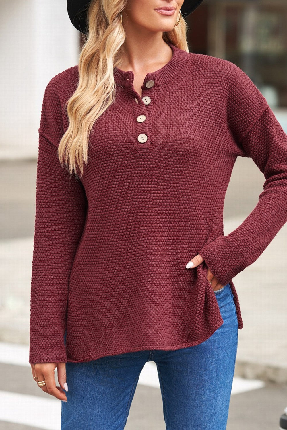 Quarter-Button Drop Shoulder Sweater