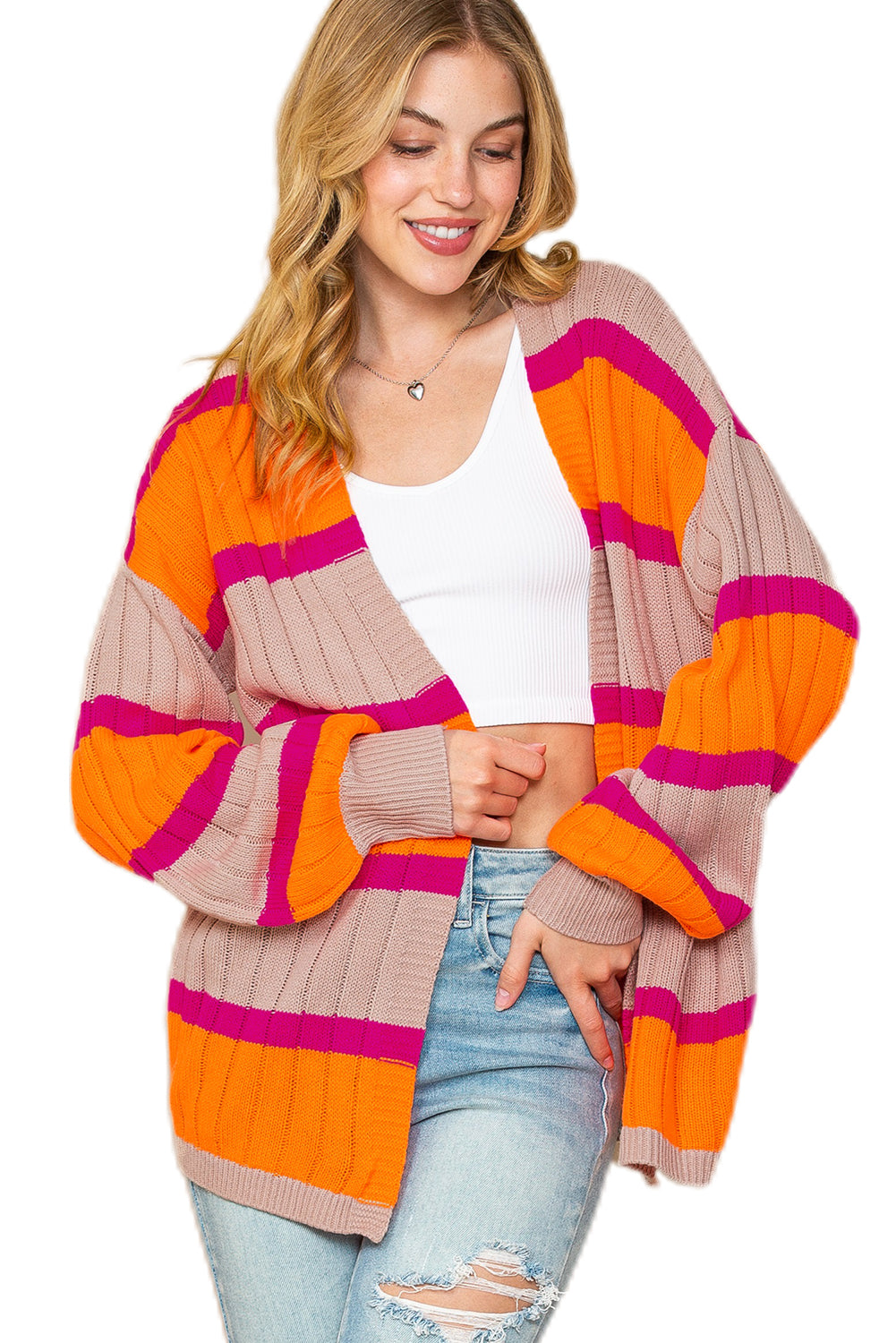 Orange Stripe Print Ribbed Knit Sweater Cardigan