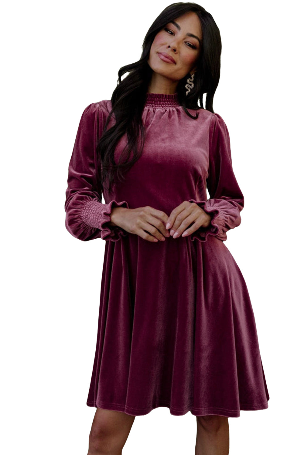 Robe en velours bordeaux à col montant et manches volantées