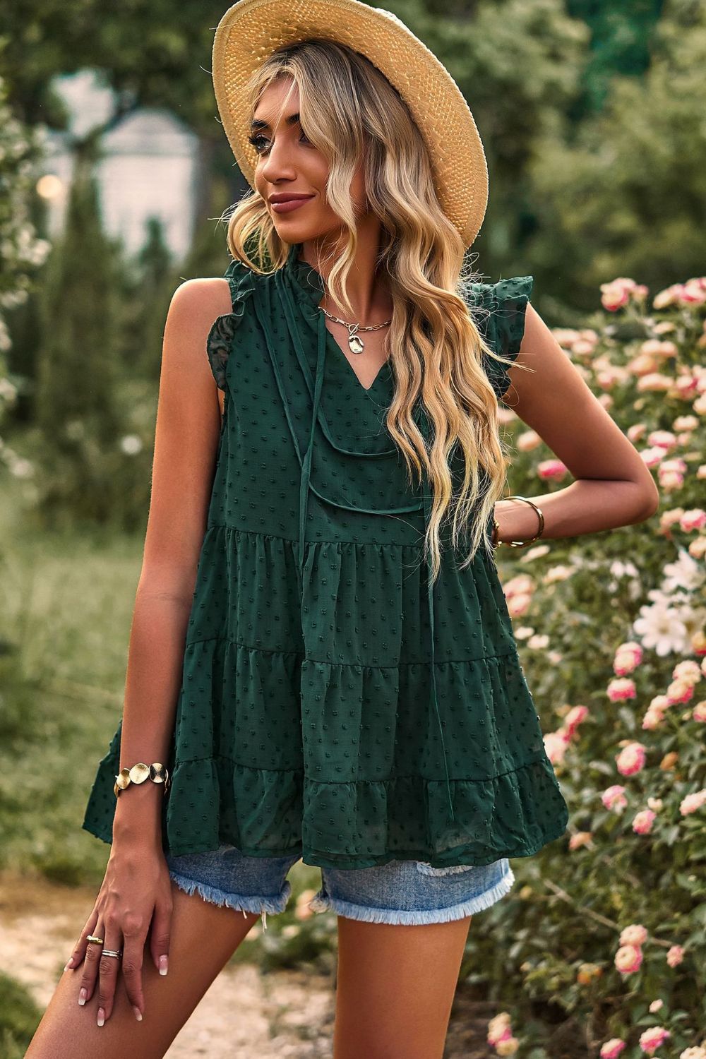 Swiss Dot Ruffle Shoulder Tiered Top