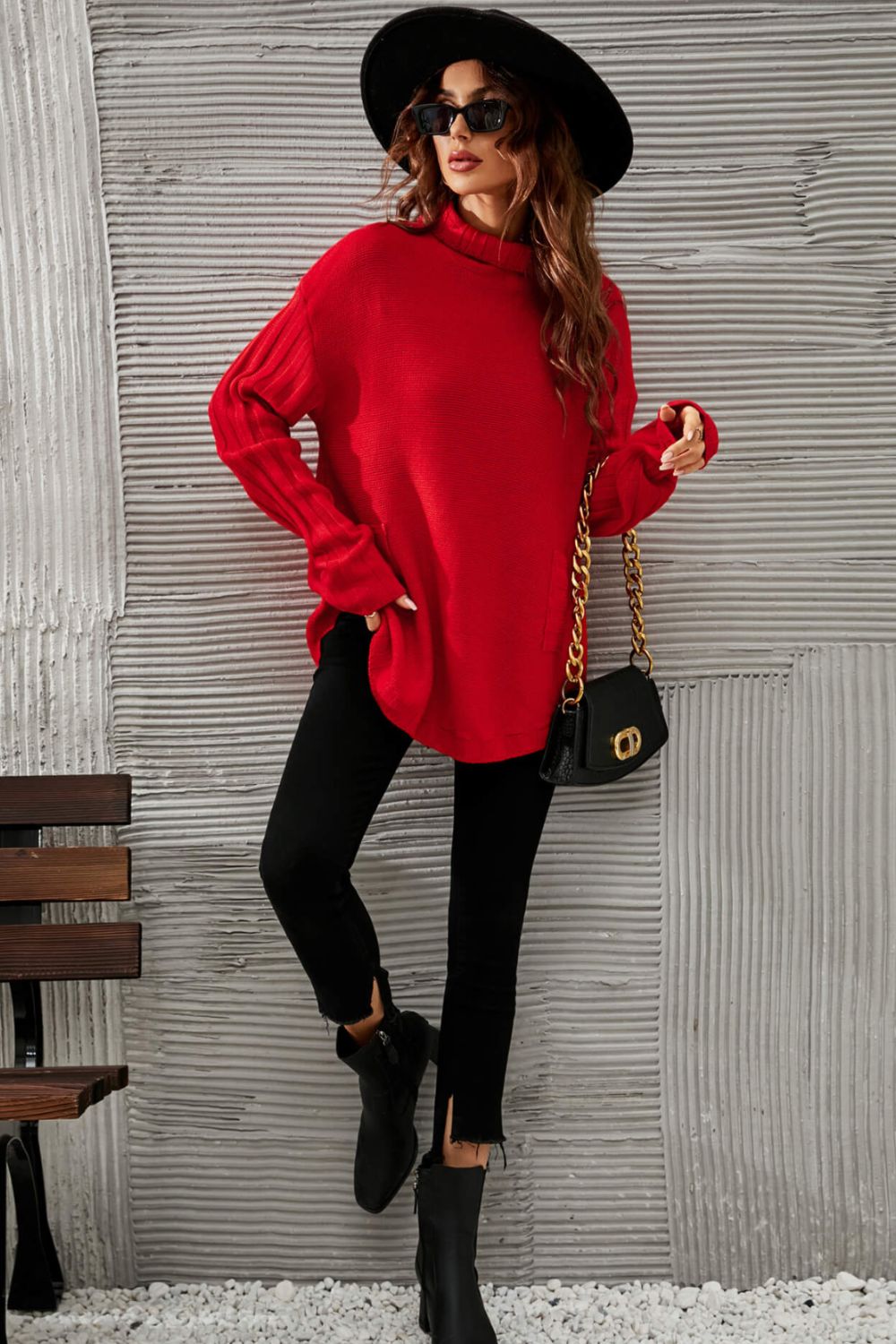 Turtleneck Ribbed Trim Tunic Sweater