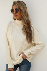 Turtleneck Cable-Knit Dropped Shoulder Sweater