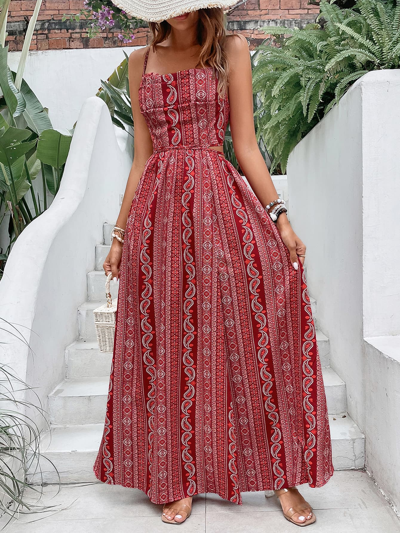 Robe longue fendue à col en cœur et imprimé