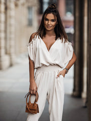 Pantalon col en V poche taille élastique combinaison décontractée