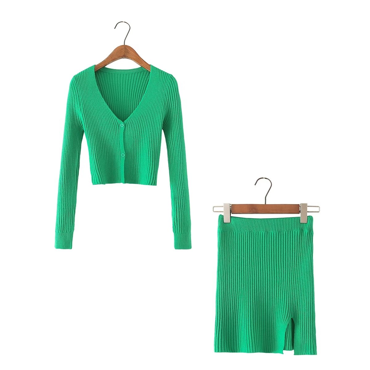 Solid Color V neck Short Knitted Cardigan High Waist Mini Skirt Casual Suit