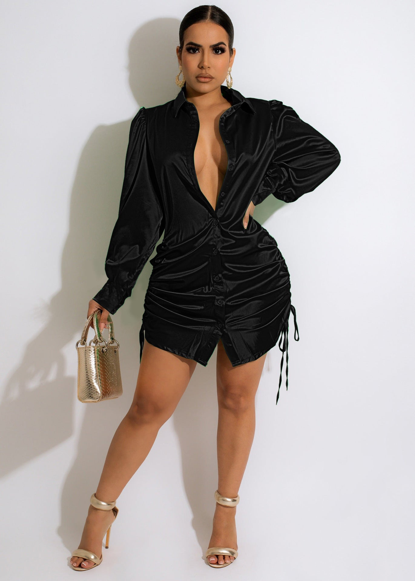 Pleated Lace up Loose Elastic Mid Length Shirt Dress