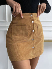 Corduroy Hip Skirt Single Breasted Slim Fit Solid Skirt