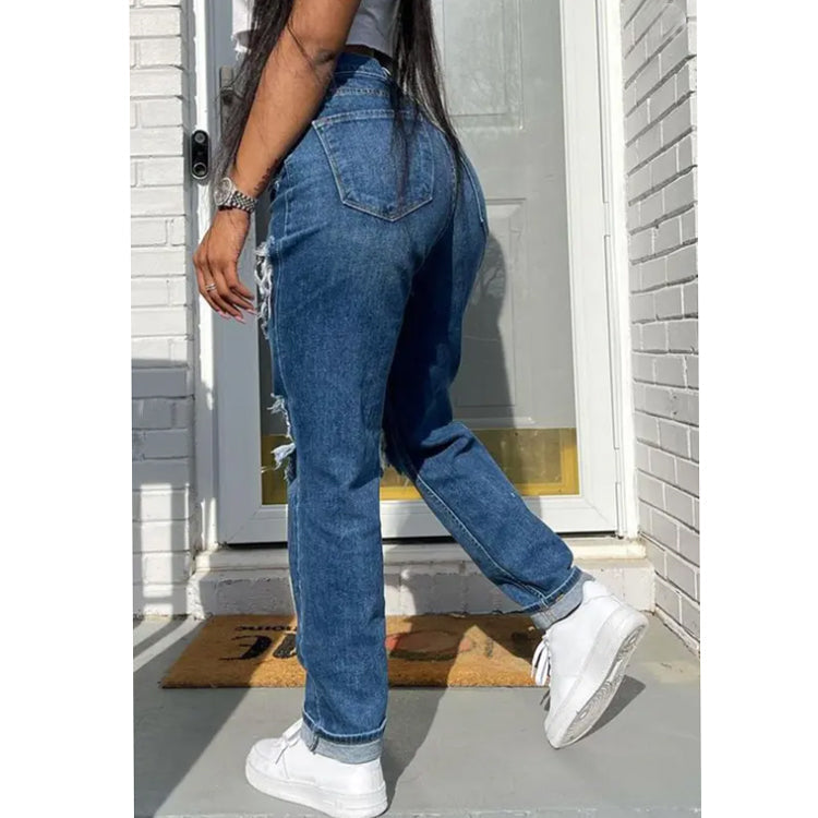 Jean bleu délavé déchiré taille moyenne style hipster