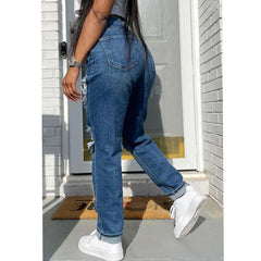 Jean bleu délavé déchiré taille moyenne style hipster