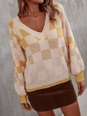 Early V neck Plaid Contrast Color Knitwear Pullover Sweater