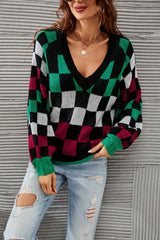 Early V neck Plaid Contrast Color Knitwear Pullover Sweater