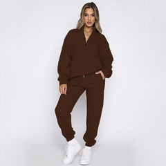 Solid Color StCollar Zipper Pullover Long Sleeve Sweater Two Piece Set Smart Trousers Suit