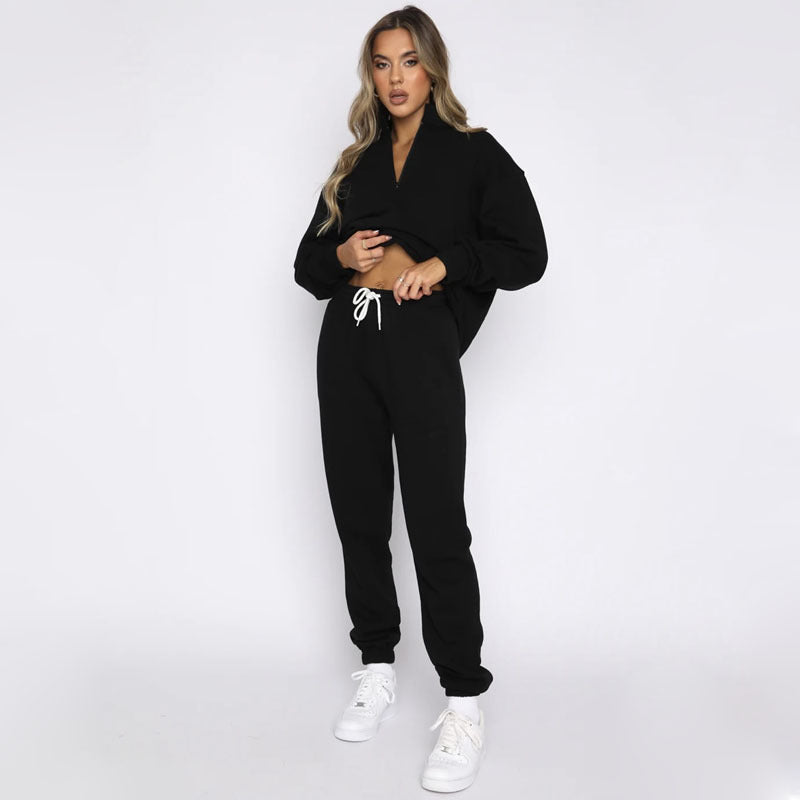 Solid Color StCollar Zipper Pullover Long Sleeve Sweater Two Piece Set Smart Trousers Suit