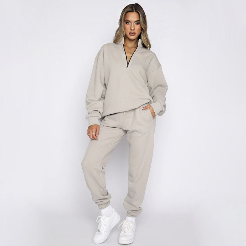 Solid Color StCollar Zipper Pullover Long Sleeve Sweater Two Piece Set Smart Trousers Suit