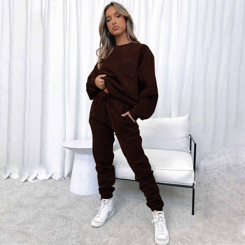 Corduroy Solid Color round Neck Pullover Long Sleeve Two Piece Set Smart Trousers Suit